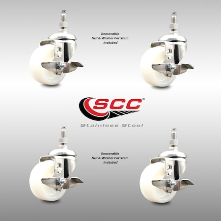 Service Caster 3 Inch 316SS Nylon Wheel Swivel 3/8 Inch Threaded Stem Caster Set Brake SCC SCC-SS316TS20S314-NYS-TLB-381615-4